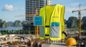 Diagram showing a cooling vest with removable ice pack inserts being placed into internal mesh pockets.