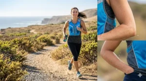 A female athlete trail running while wearing an electric blue soak and wear cooling vest for temperature control.