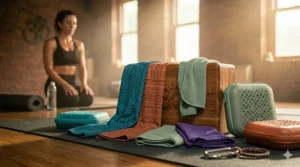 A variety of colorful and patterned cooling towels laid out on a yoga mat.