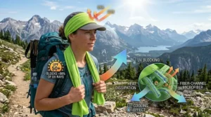 A person hiking in direct sunlight protected by a UV-resistant cooling towel.