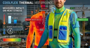 An infographic or thermal scan illustrating the body temperature reduction provided by a removable ice pack cooling vest.