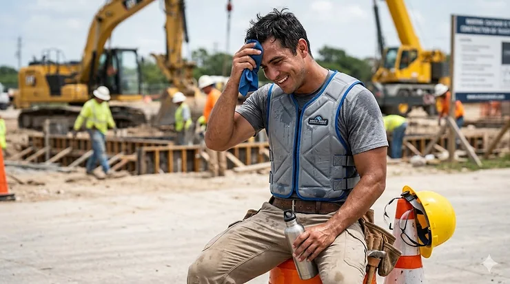 A person wearing a top rated refreezable gel cooling vest for heat stress relief during outdoor work. top rated refreezable gel cooling vests