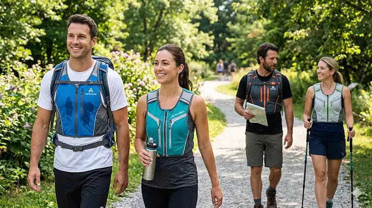 A group of people wearing top rated soak and wear cooling vests while hiking on a sunny trail for heat relief.