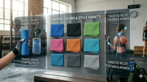 A flat-lay display of various colored cooling towels suitable for men and women at the gym.