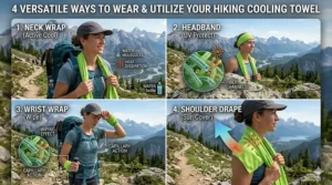 Illustration of a hiker wearing a cooling towel as a headband and a neck wrap for sun protection.