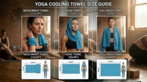 Comparison chart showing different sizes of cooling towels suitable for neck, head, or full-body use in hot yoga.