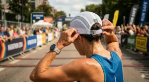 Rear view of an athlete adjusting the velcro strap on a lightweight cooling cap for marathon running to ensure a snug, bounce-free fit.