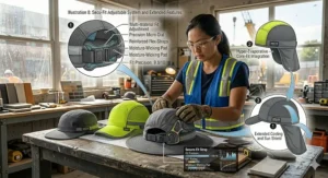 Close-up shot of the adjustable rear hook-and-loop strap on a safety cooling cap, ensuring a secure fit for industrial work.