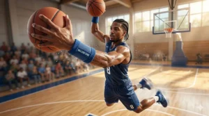 A dynamic illustration of a basketball player dribbling a ball, showcasing durable athletic cooling wristbands for sports.