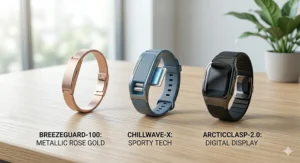 A comparison lineup of different styles of the best menopause cooling wristbands for hot flashes.