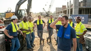 A crew of industrial workers wearing branded cooling wraps to stay safe in high-heat environments.