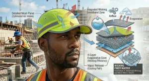Detailed view of the breathable mesh side panels and sweatband on a top rated safety cooling cap with a hard brim.