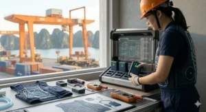 A photorealistic photograph capturing a female construction safety supervisor, wearing a specialized lithium battery cooling vest and hard hat, at a high-tech charging station to the right of a window overlooking the Hạ Long container port with its karst islands and orange cranes. Her gloved hands insert a detailed blue lithium battery pack into one of the station's multi-port slots, which displays green LED indicators and annotated charging diagrams. The detailed vest, table with tools, and environment reference image_14.png, under warm natural afternoon light.