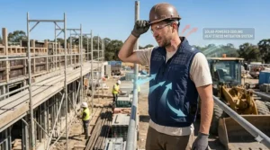 Illustration of a worker on a scaffolding wearing a solar-powered cooling vest to prevent heat exhaustion.