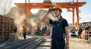 A construction supervisor in an orange hard hat and safety glasses on a busy site wipes sweat from her brow as a faint mist is visibly emitted from her lithium battery cooling vest's integrated nozzle, demonstrating the active cooling system in use amidst dust, rebar, a forklift, and an orange crane, under high-detail natural light.