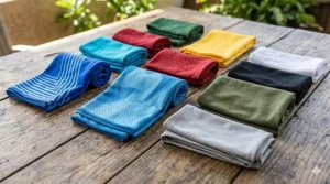 A collection of water-activated cooling neck scarves in various colors and patterns laid out on a flat surface.