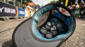 Interior view of a high-performance running hat showing the integrated cooling gel strip and sweat-wicking perimeter band.