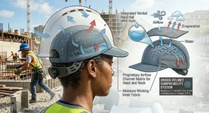 Close-up of a lightweight moisture-wicking cooling skull cap with a sun brim designed to fit comfortably under a standard safety hard hat.