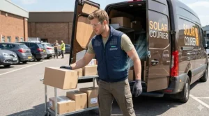 A delivery driver loading a truck in direct sunlight wearing solar-powered cooling apparel for outdoor work.