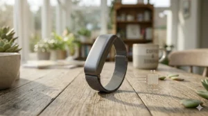 Close-up view of the Embr Wave smart cooling bracelet showing its metallic mesh strap, magnetic clasp, and compact thermal pad design.