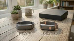 Side-by-side comparison of the silver and rose gold finishes available for the Embr Wave smart cooling bracelet.
