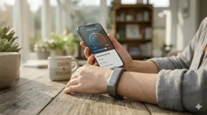 A smartphone displaying the companion app paired with the Embr Wave smart cooling bracelet to customize thermal sessions.