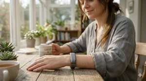 A photorealistic photograph capturing a close-up of the woman, with her brown hair tied loosely, as she uses the Embr Wave smart cooling bracelet. She is still at the sunlit wooden table in the conservatory, and the detailed Embr Wave device is securely on her wrist. Her face is in soft focus, but she has a faint, calm, and relieved smile, her eyes closed slightly.