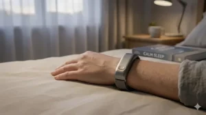 Someone resting comfortably in bed wearing the Embr Wave smart cooling bracelet to prevent nighttime hot flashes and night sweats.
