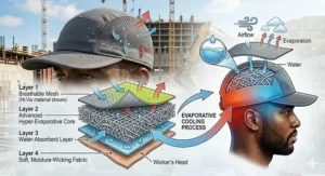 Infographic illustrating the multi-layer evaporative cooling technology used in top rated safety cooling caps with brim to reduce head temperature.
