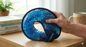 Close-up illustration of a flexible neck cooling pack bending easily to fit various neck shapes without leaking.