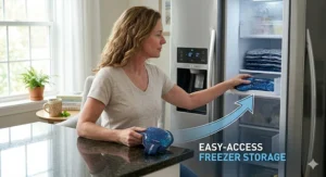 A diagram showing a reusable gel neck pack being placed in a freezer to demonstrate its quick-chill technology.