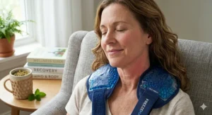 An illustration of a person experiencing instant relief from neck pain while wearing a top rated reusable gel cooling pack.