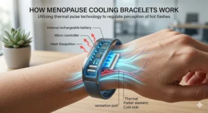 Infographic diagram explaining how menopause cooling bracelets lower body temperature during a hot flash.