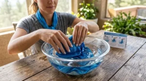 Step-by-step illustration showing how to soak a water-activated cooling neck scarf in a bowl of water.