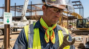 Illustration of a construction worker wearing a high-visibility water-activated cooling neck scarf on a job site.