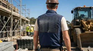 Close-up illustration of thin-film solar panels integrated into the back of a lightweight cooling vest.