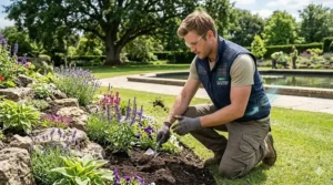 An outdoor worker landscaping a garden while staying cool using a solar-powered fan vest.