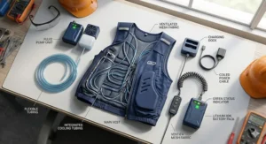 A detailed product diagram laid out on a workshop bench, displaying the disassembled components of a top lithium battery cooling vest, including the blue fabric vest, integrated tubing, power bank, charging dock, and flexible blue cooling fluid hoses, all with clear labels and natural light.