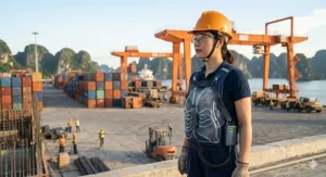 A photorealistic, highly detailed 4K photograph capturing the female construction supervisor from image_6.png with her orange hard hat and work gear, standing in a container port in warm natural daylight. Over her shirt, she wears an advanced, top lithium battery cooling vest from image_2.png and image_4.png, with its extensive, complex network of clear coolant-filled tubes and flexible mesh fabric clearly visible and integrated.