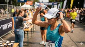 An exhausted marathon runner pouring cold water from a bottle directly over his cooling cap at an official race aid station to trigger fast thermal relief.