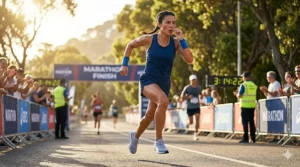 A vector illustration of a marathon runner sprinting on a track while wearing lightweight athletic cooling wristbands for sports.