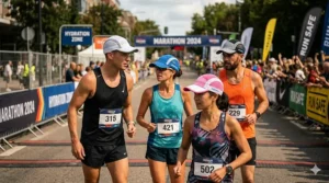 A diverse group of long-distance athletes wearing various color cooling caps for marathon running at the starting line of a sunny race.