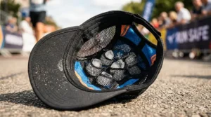 Close-up of a black marathon running ice hat showing integrated mesh pockets designed to hold ice cubes for prolonged cooling.