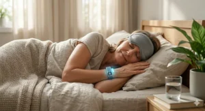 An illustration of a woman using a menopause cooling bracelet to prevent hot flashes and night sweats while sleeping.