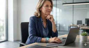 A professional woman wearing a menopause cooling wristband to manage sudden hot flashes at work.