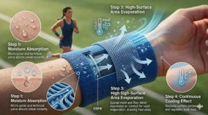 A diagram illustrating the moisture-wicking technology of breathable athletic cooling wristbands for sports, showing sweat evaporation.