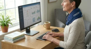 A person working at a computer while wearing a discreet, top rated reusable gel neck wrap to treat stiffness.