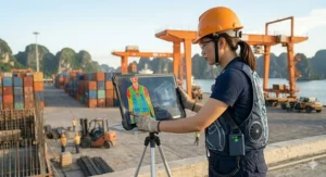 A detailed side-profile photograph focusing sharply on the construction supervisor from the previous image, looking down at the rugged tablet on its tripod. Her detailed cooling vest with clear coolant tubes and the compact lithium battery pack clipped to her side are prominent, with the rugged tablet screen clearly showing the thermal overlay. The background of orange gantry cranes, container stacks, and the karst mountains under natural light remains cohesive, rendered with a coherent shallow depth of field.
