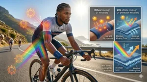 An illustration of a cyclist riding under a bright sun, emphasizing the UV protection and cooling comfort of athletic cooling wristbands for sports.