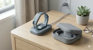 A portable menopause cooling device and bracelet on a charging dock, ready for travel.